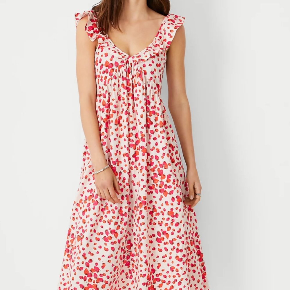 Strawberry Linen Blend Ruffle Sleeve Flare Dress